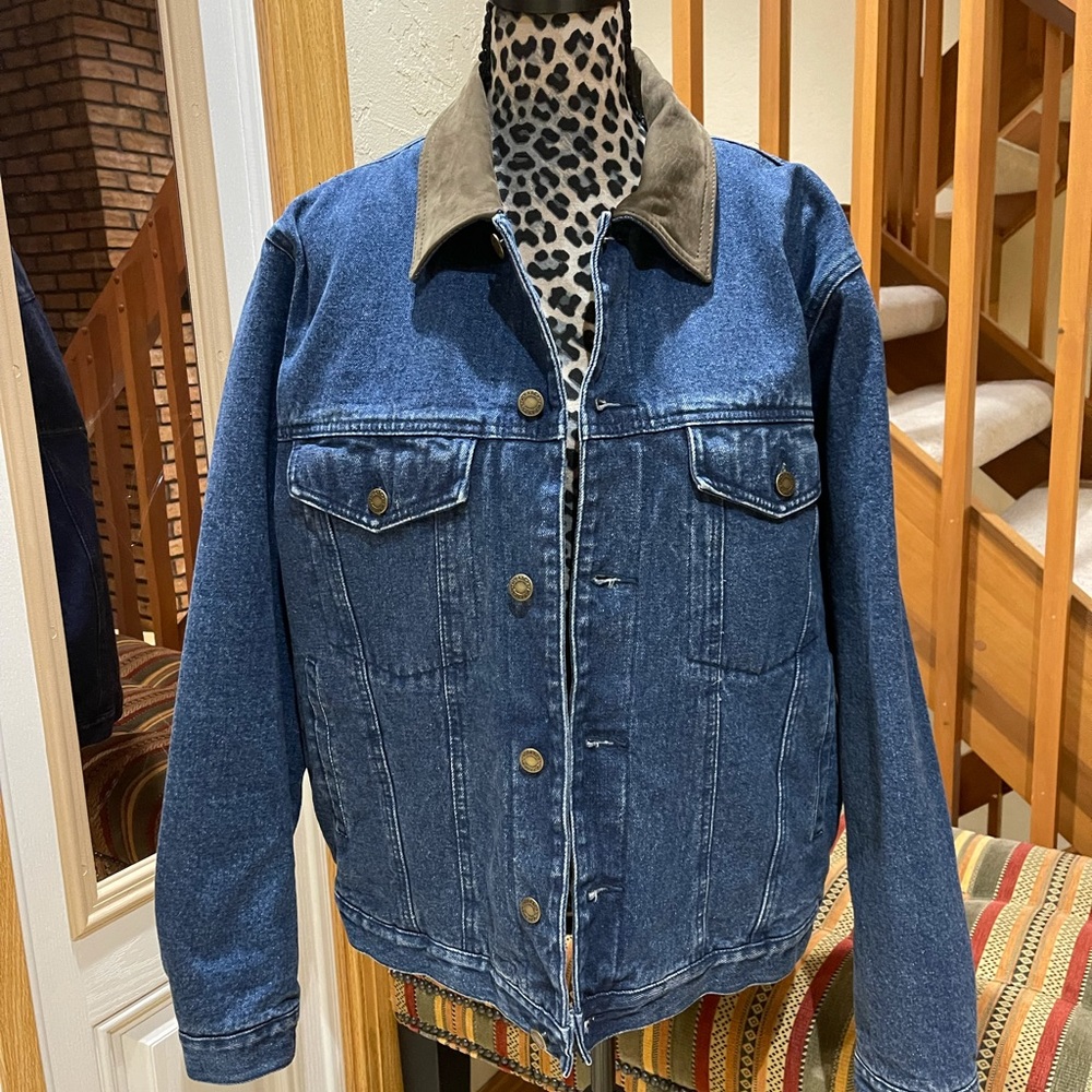 Jean Jacket; flannel lining; leather collar.